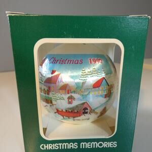 Vintage Plastic Christmas Ornament 1990 Winter Town Scene Hanging